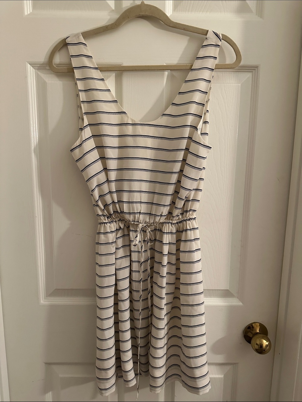 Joie Cream and Navy Striped Sleeveless Drawstring Dress